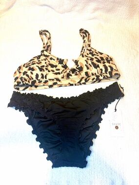 Shade & Shore Leopard Print Bikini Top with Black Ruffle Bottoms